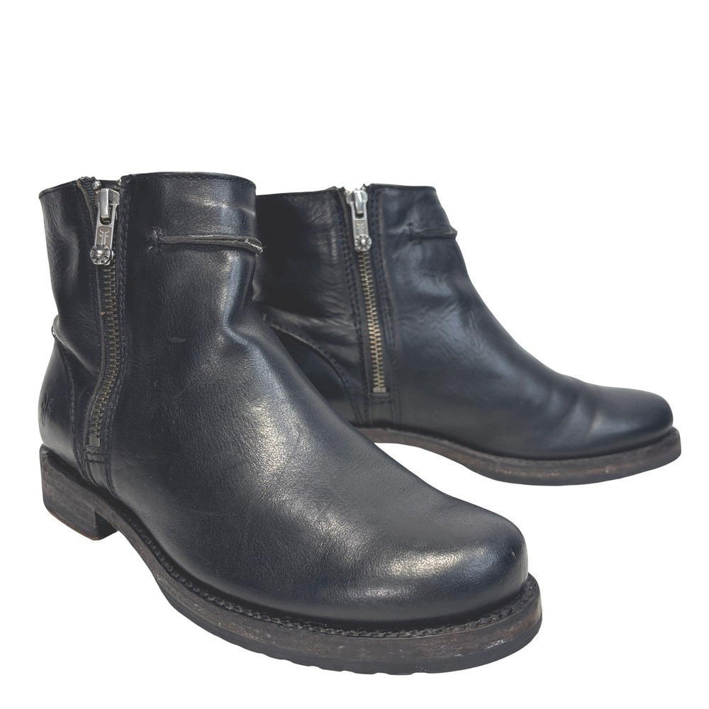 Frye Veronica Seam Short Black Leather Ankle Boots Double Side Zip Size 6.5